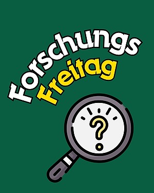 Forschungs-Freitag Illustration mit Lupe und Fragezeichen auf grünem Hintergrund