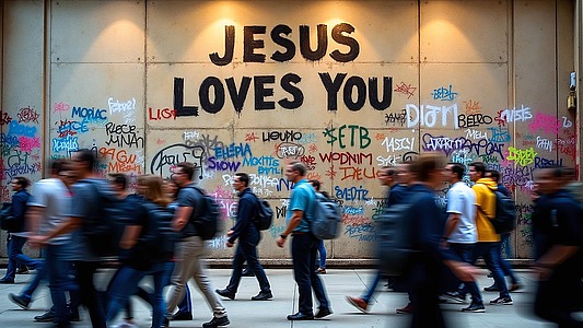 Fußgänger gehen in einer U-Bahn-Station an einer Wand vorbei, auf der unter anderem die Worte "JESUS ​​LOVES YOU" stehen.