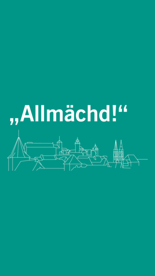 das Wort "Allmächd" und Nürnberger Skyline in weiß auf smaragdgrün