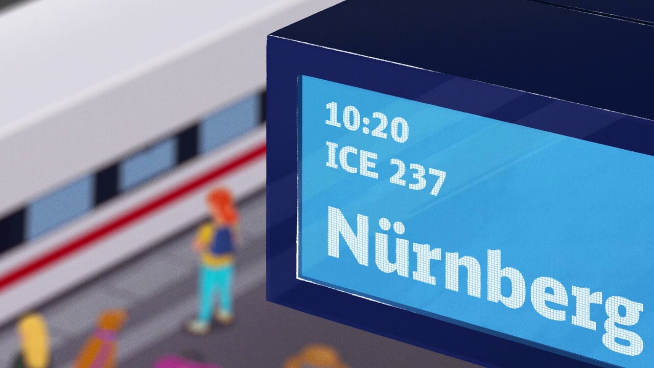 Bahnsteigsanzeige mit ICE 237 nach Nürnberg, im Hintergrund verschwommen ein ICE