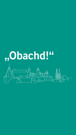 das Wort "Obachd" und Nürnberger Skyline in weiß auf smaragdgrün