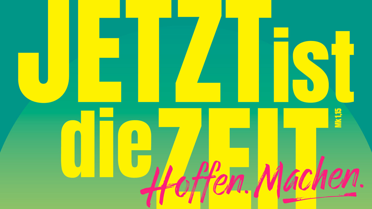 Jetzt ist die Zeit in Gelb auf Mineralgrünem Hintergrund 