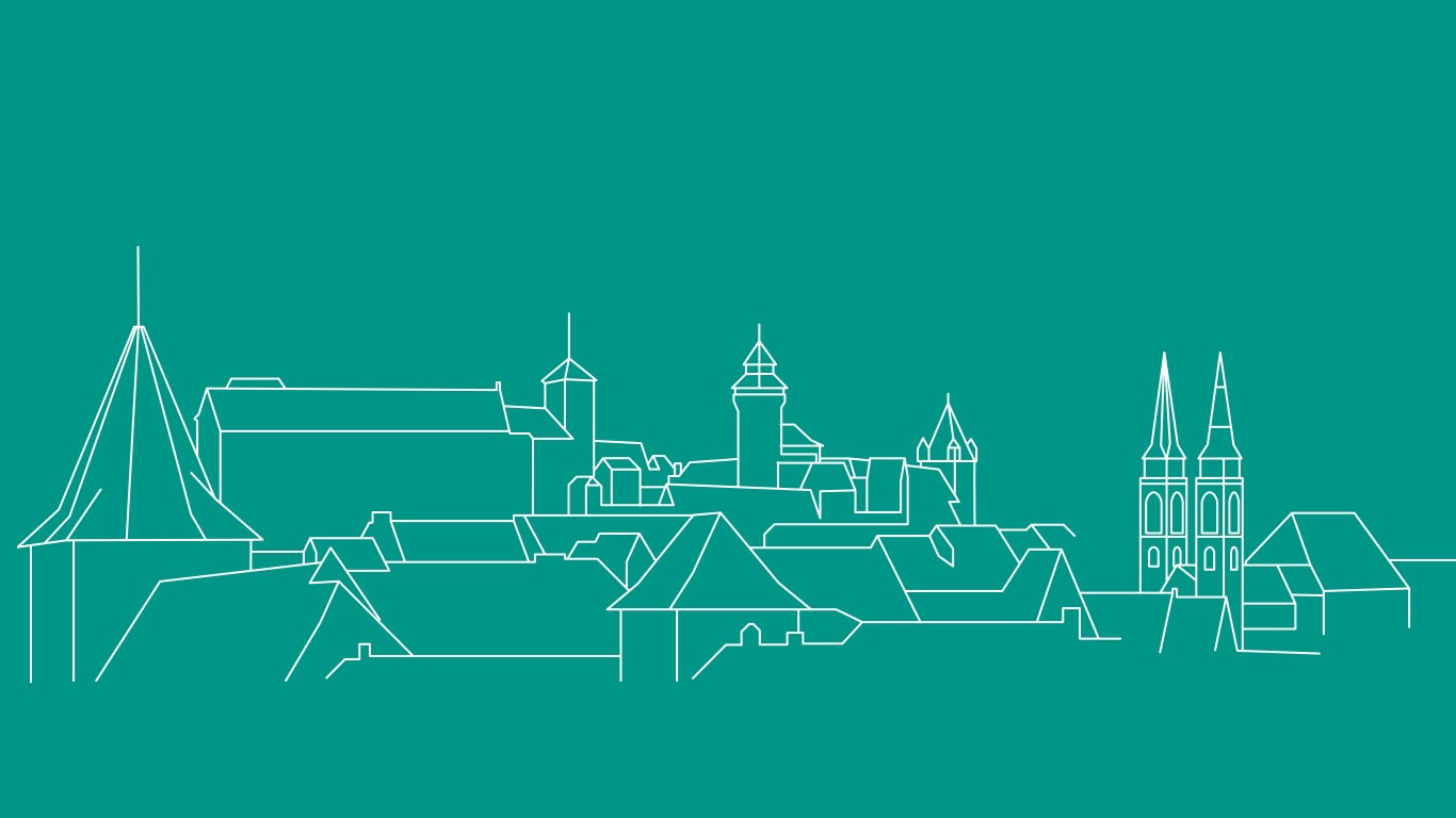 Skyline von Nürnberg in weiß auf der Kirchentag-Farbe Smaragdgrün