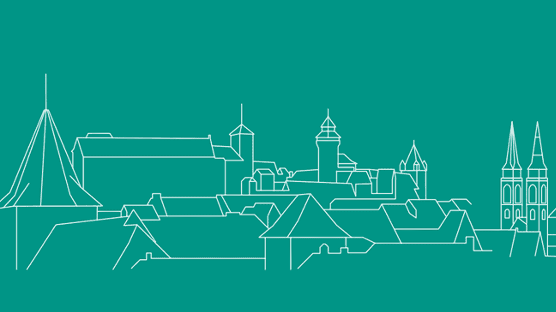 Skyline von Nürnberg in weiß auf der Kirchentag-Farbe Smaragdgrün
