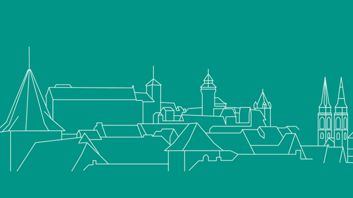 Skyline von Nürnberg in weiß auf der Kirchentag-Farbe Smaragdgrün 