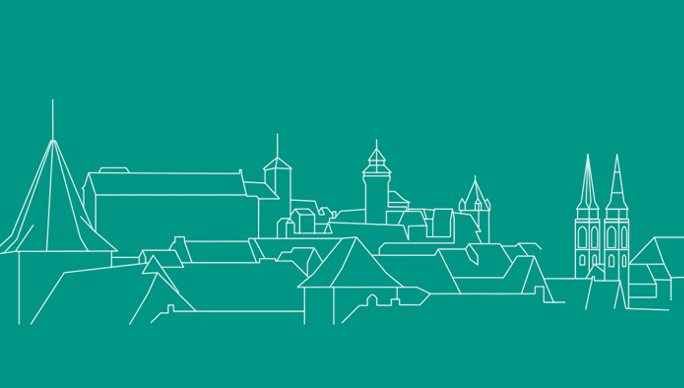 Skyline Nürnberg Skyline von Nürnberg in weiß auf der Kirchentag-Farbe Smaragdgrün
